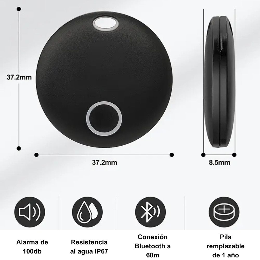 Localizador GPS compacto de 37.2 mm, con Bluetooth hasta 60m, alarma de 100dB, resistencia al agua IP67 y pila reemplazable de 1 año. Ideal para llaves, mochilas y mascotas.